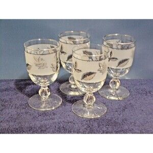 Vintage Libbey Wine Glasses w/Frosted Silver Leaf Set of 4